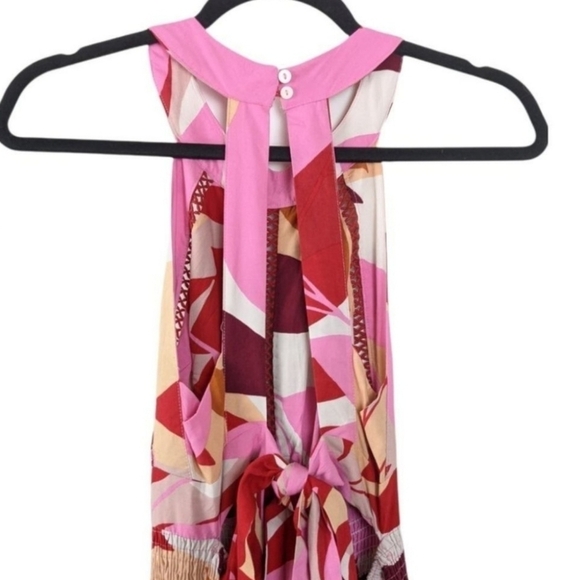 Abel the Label Red Pink Halter Open Back Tie Abstract Leaf Print Maxi Dress sz M - Picture 7 of 12